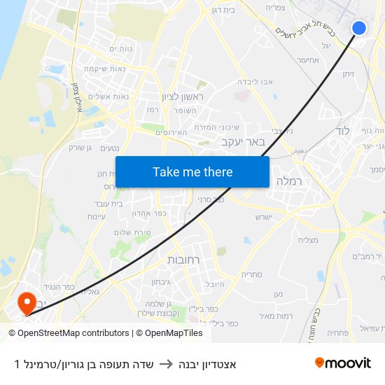 שדה תעופה בן גוריון/טרמינל 1 to אצטדיון יבנה map