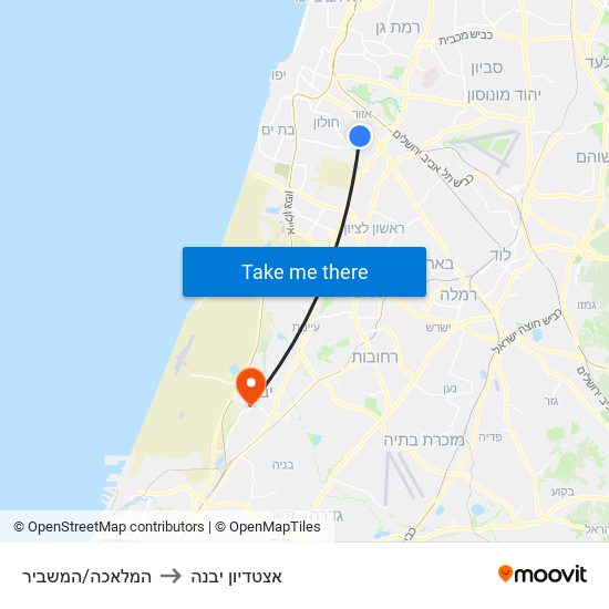 המלאכה/המשביר to אצטדיון יבנה map