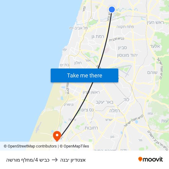 כביש 4/מחלף מורשה to אצטדיון יבנה map