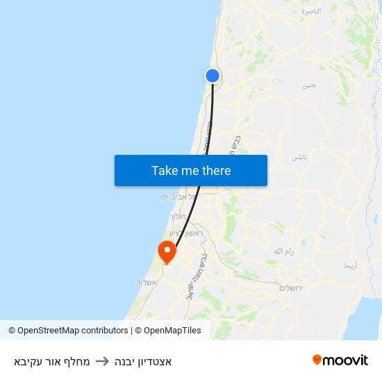 מחלף אור עקיבא to אצטדיון יבנה map