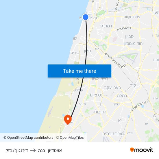 דיזנגוף/בזל to אצטדיון יבנה map