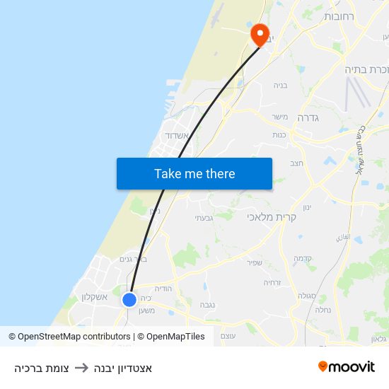 צומת ברכיה to אצטדיון יבנה map