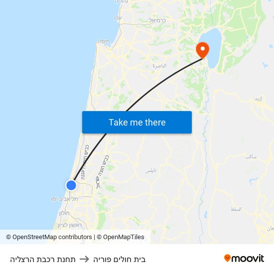 תחנת רכבת הרצליה to בית חולים פוריה map