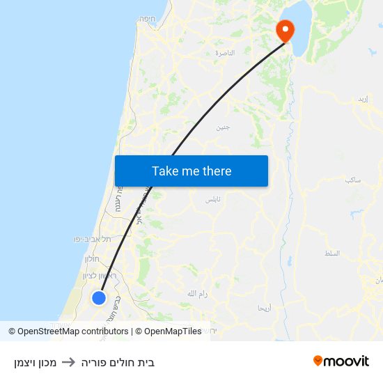 מכון ויצמן to בית חולים פוריה map