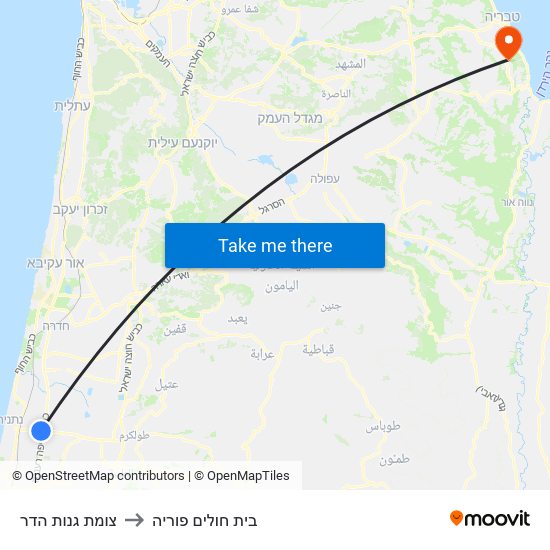 צומת גנות הדר to בית חולים פוריה map