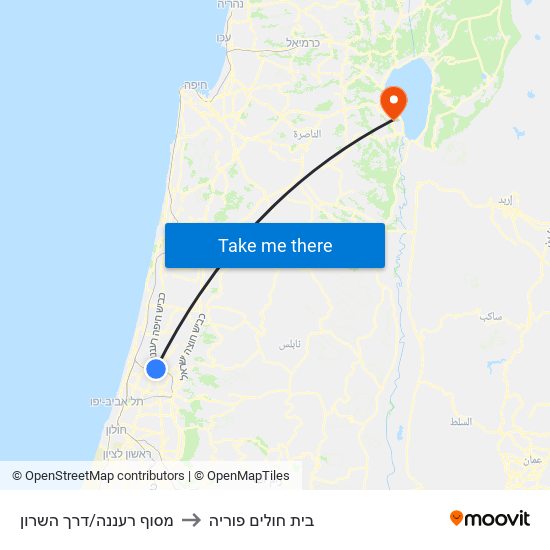 מסוף רעננה/דרך השרון to בית חולים פוריה map