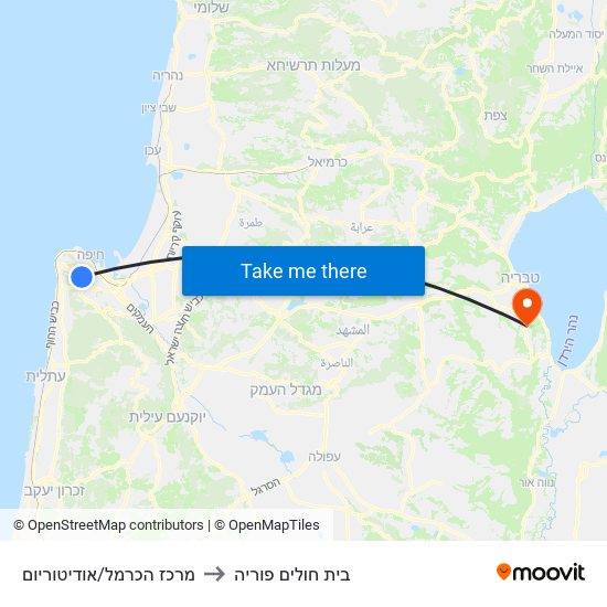 מרכז הכרמל/אודיטוריום to בית חולים פוריה map