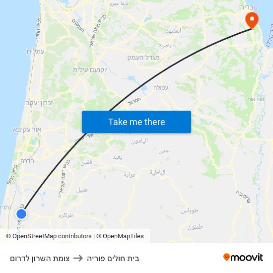 צומת השרון לדרום to בית חולים פוריה map