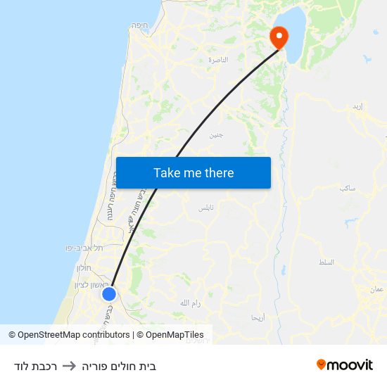 רכבת לוד to בית חולים פוריה map