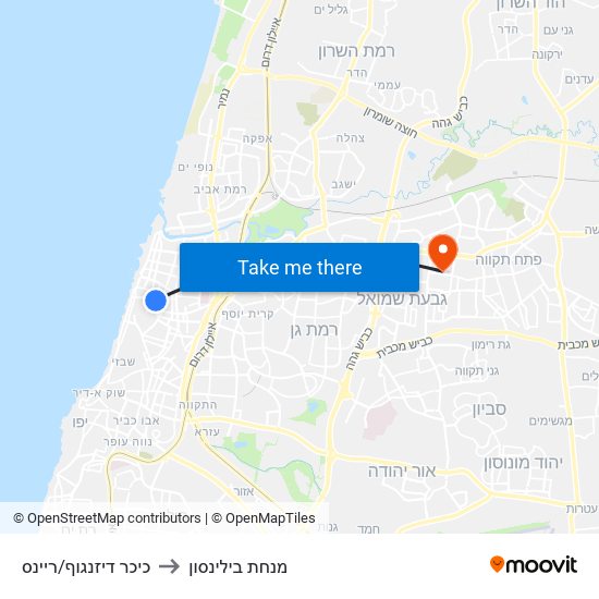 כיכר דיזנגוף/ריינס to מנחת בילינסון map