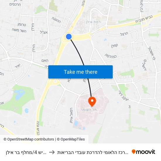 כביש 4/מחלף בר אילן to המרכז הלאומי להדרכת עובדי הבריאות map