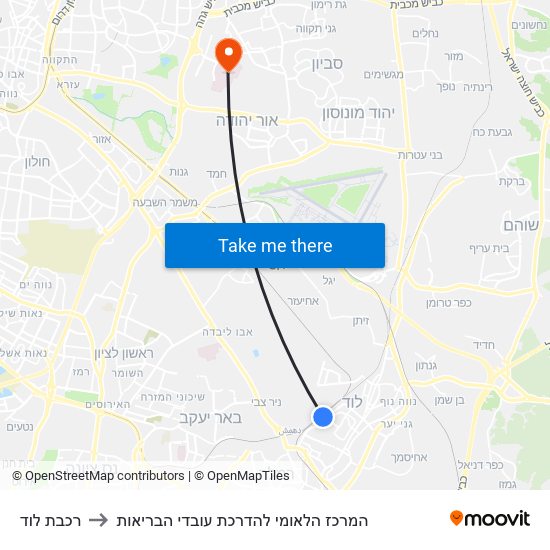 רכבת לוד to המרכז הלאומי להדרכת עובדי הבריאות map