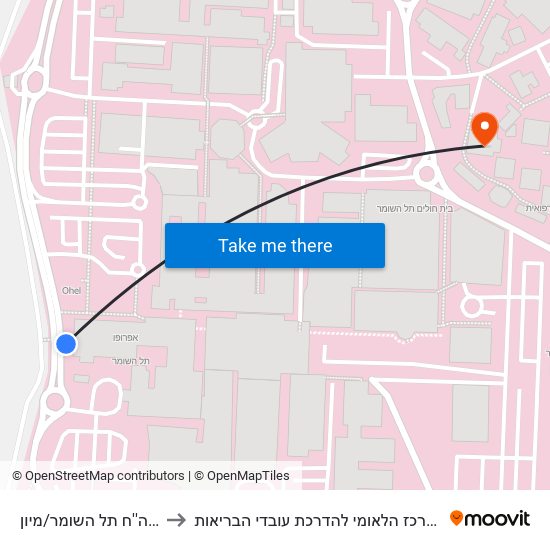 ביה''ח תל השומר/מיון to המרכז הלאומי להדרכת עובדי הבריאות map