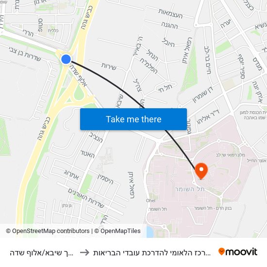 דרך שיבא/אלוף שדה to המרכז הלאומי להדרכת עובדי הבריאות map