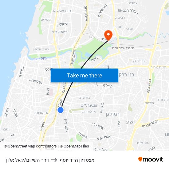 דרך השלום/יגאל אלון to אצטדיון הדר יוסף map
