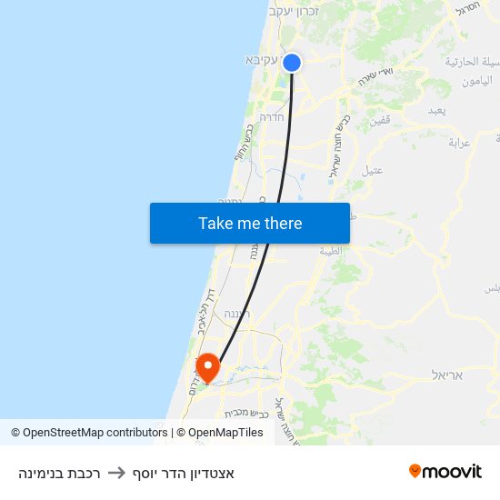 רכבת בנימינה to אצטדיון הדר יוסף map