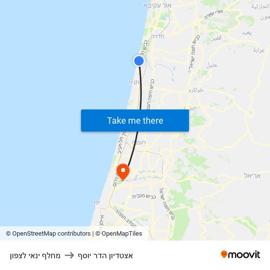 מחלף ינאי לצפון to אצטדיון הדר יוסף map