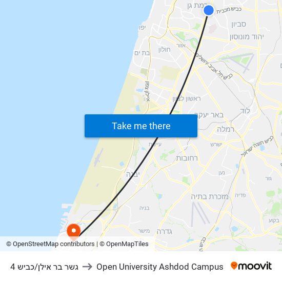 גשר בר אילן/כביש 4 to Open University Ashdod Campus map