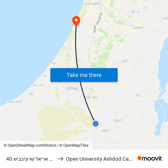 מחנה אריאל שרון/כביש 40 to Open University Ashdod Campus map