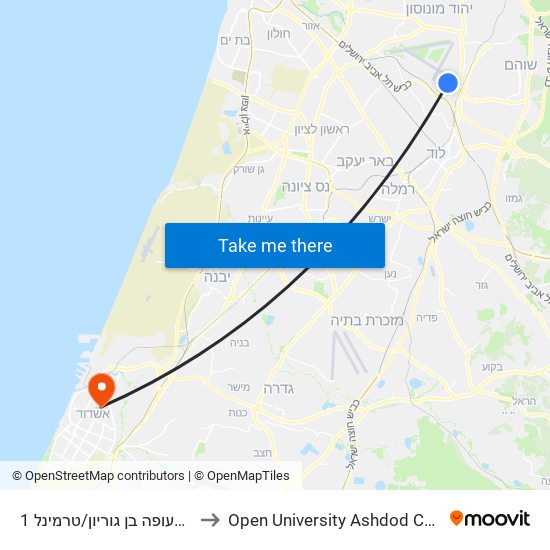 שדה תעופה בן גוריון/טרמינל 1 to Open University Ashdod Campus map