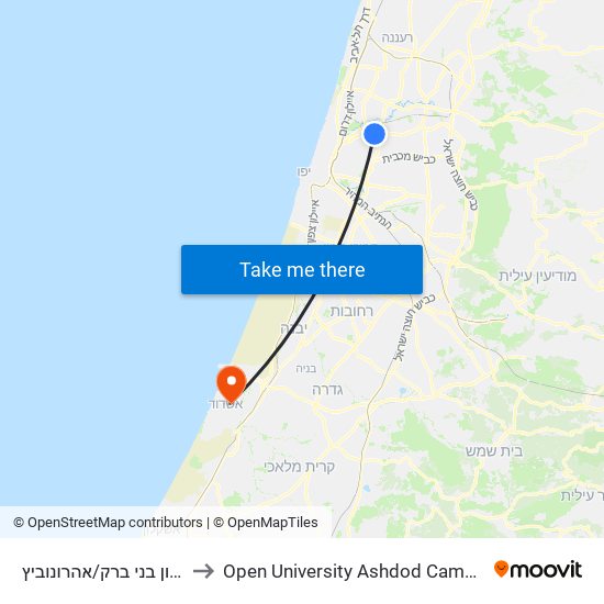 קניון בני ברק/אהרונוביץ to Open University Ashdod Campus map