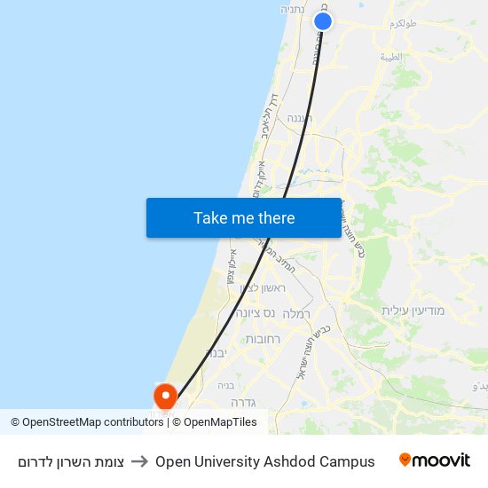 צומת השרון לדרום to Open University Ashdod Campus map