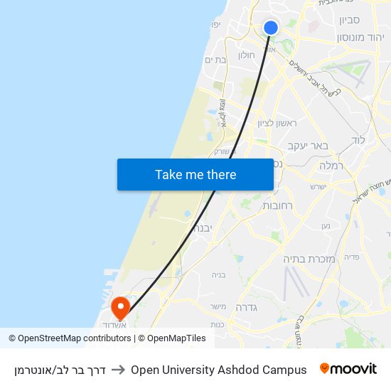 דרך בר לב/אונטרמן to Open University Ashdod Campus map