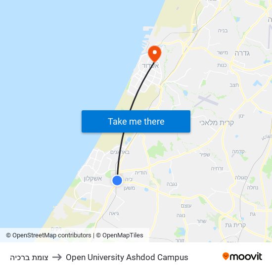 צומת ברכיה to Open University Ashdod Campus map