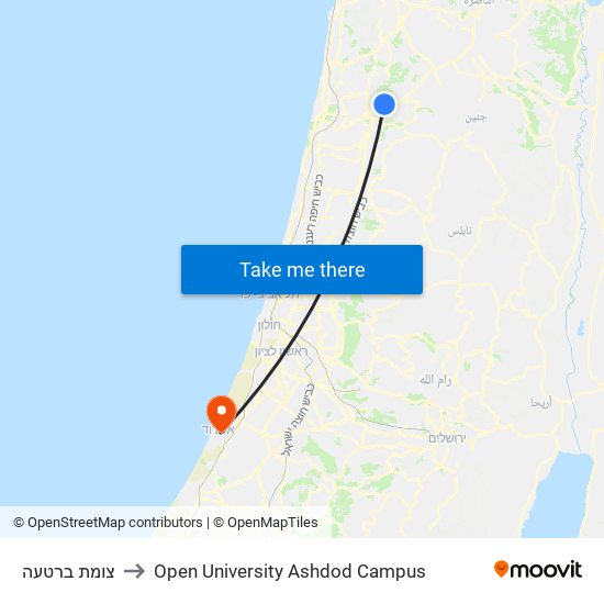 צומת ברטעה to Open University Ashdod Campus map