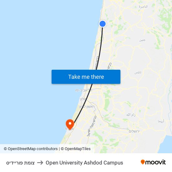 צומת פוריידיס to Open University Ashdod Campus map