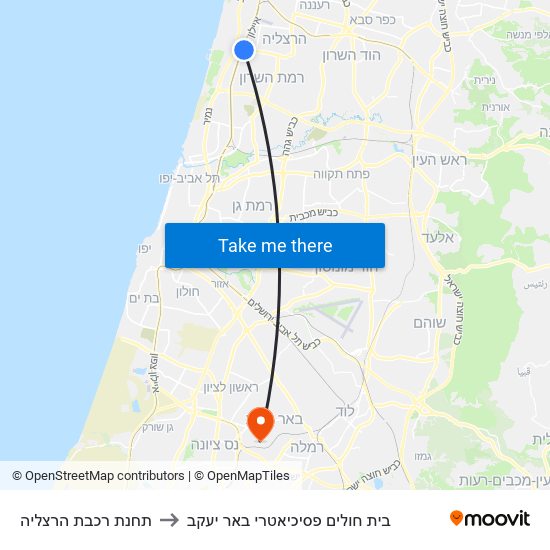 תחנת רכבת הרצליה to בית חולים פסיכיאטרי באר יעקב map