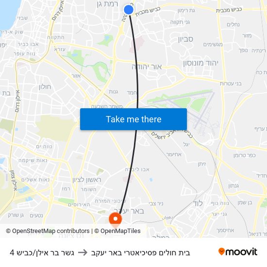 גשר בר אילן/כביש 4 to בית חולים פסיכיאטרי באר יעקב map