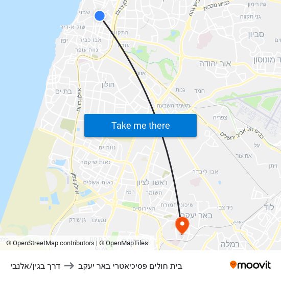 דרך בגין/אלנבי to בית חולים פסיכיאטרי באר יעקב map