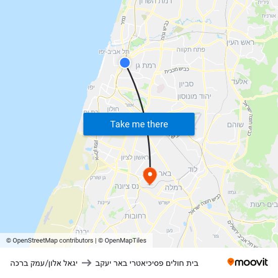 יגאל אלון/עמק ברכה to בית חולים פסיכיאטרי באר יעקב map