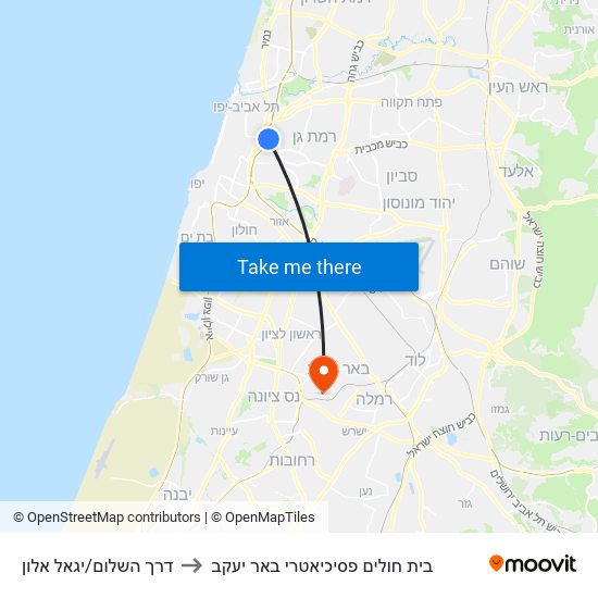דרך השלום/יגאל אלון to בית חולים פסיכיאטרי באר יעקב map