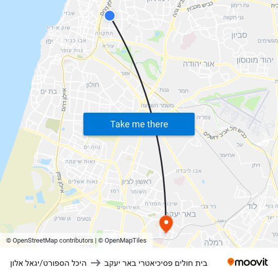 היכל הספורט/יגאל אלון to בית חולים פסיכיאטרי באר יעקב map