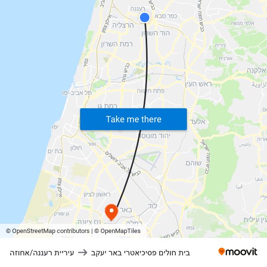 עיריית רעננה/אחוזה to בית חולים פסיכיאטרי באר יעקב map