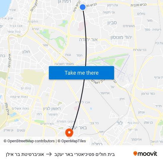 אוניברסיטת בר אילן to בית חולים פסיכיאטרי באר יעקב map