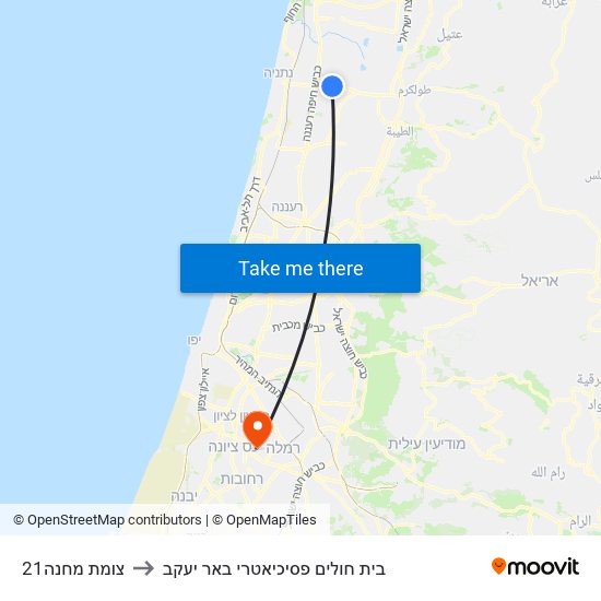 צומת מחנה21 to בית חולים פסיכיאטרי באר יעקב map