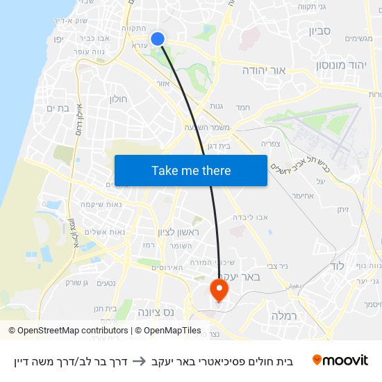 דרך בר לב/דרך משה דיין to בית חולים פסיכיאטרי באר יעקב map