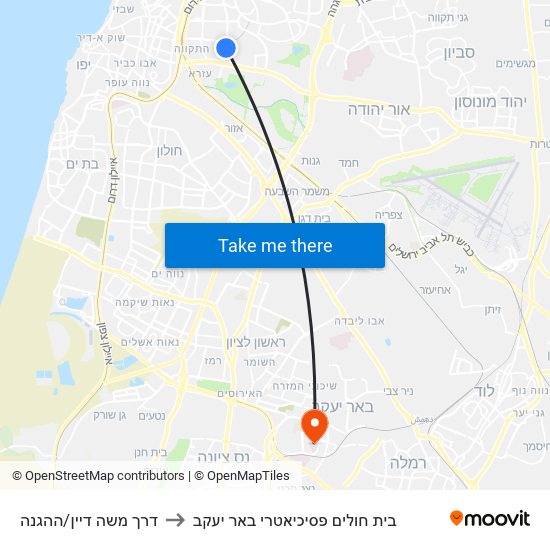 דרך משה דיין/ההגנה to בית חולים פסיכיאטרי באר יעקב map