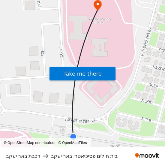 רכבת באר יעקב to בית חולים פסיכיאטרי באר יעקב map