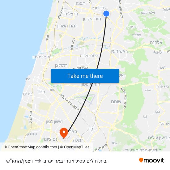 ויצמן/התע''ש to בית חולים פסיכיאטרי באר יעקב map