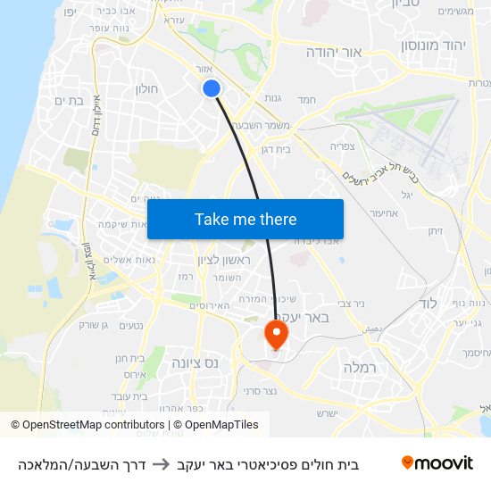 דרך השבעה/המלאכה to בית חולים פסיכיאטרי באר יעקב map