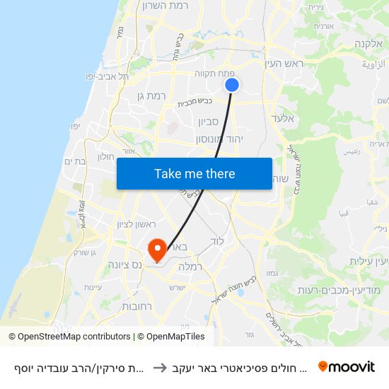 צומת סירקין/הרב עובדיה יוסף to בית חולים פסיכיאטרי באר יעקב map