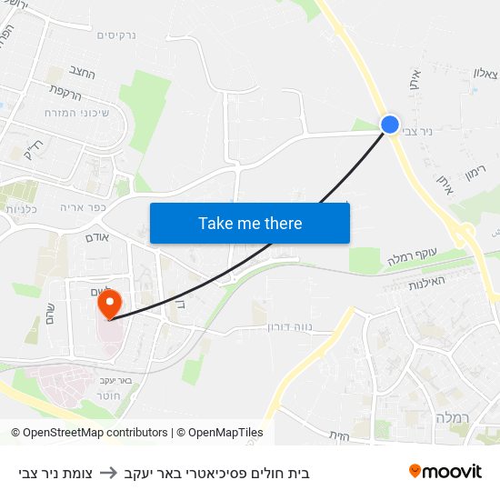 צומת ניר צבי to בית חולים פסיכיאטרי באר יעקב map