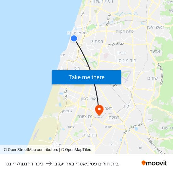 כיכר דיזנגוף/ריינס to בית חולים פסיכיאטרי באר יעקב map