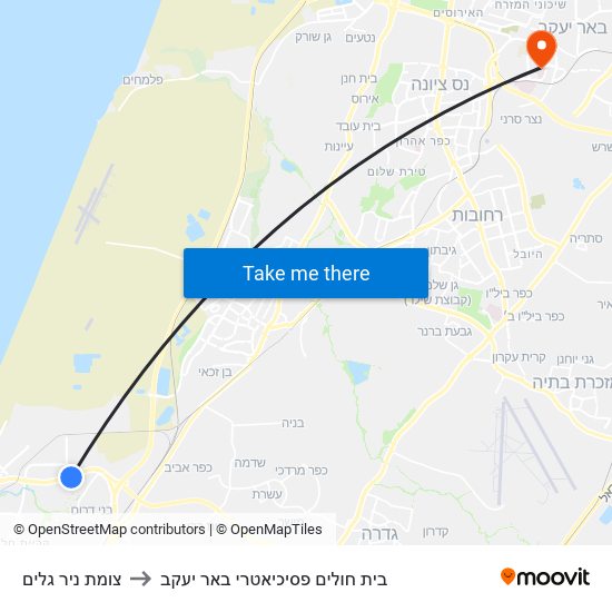 צומת ניר גלים to בית חולים פסיכיאטרי באר יעקב map