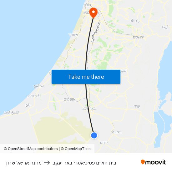 מחנה אריאל שרון to בית חולים פסיכיאטרי באר יעקב map