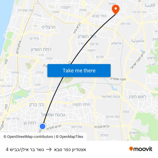 גשר בר אילן/כביש 4 to אצטדיון כפר סבא map